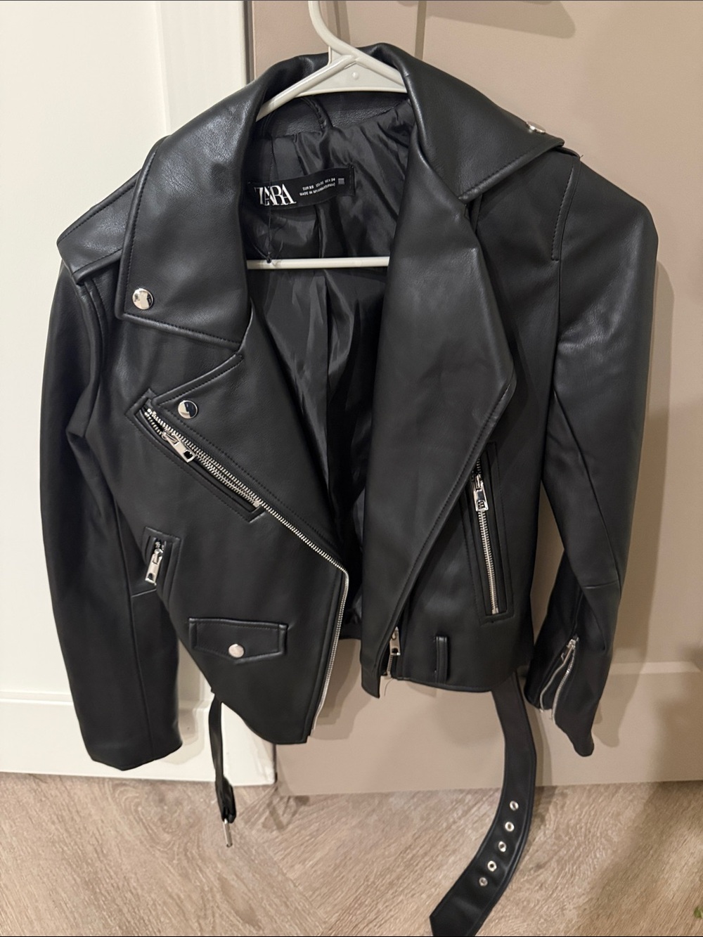 Zara Black Leather moto Jacket with Belt